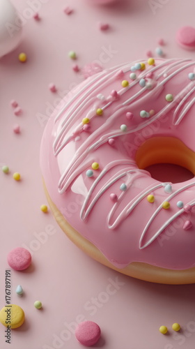 Pink glazed donut with white icing and colorful sprinkles