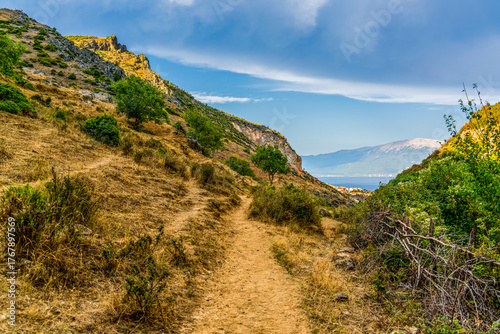 Scenic Mountain Trail Leading to Lake View under Blue Sky in Pogradec, Albania