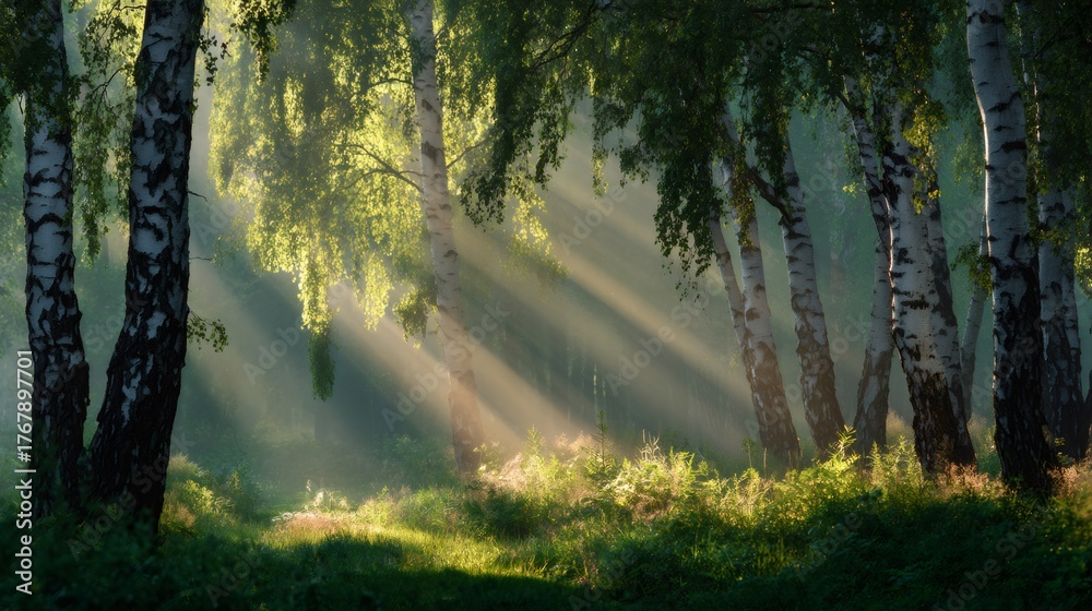 Obraz premium Forest with birch trees showing sunbeams filtering through dense foliage, creating a serene, peaceful, and tranquil morning scene