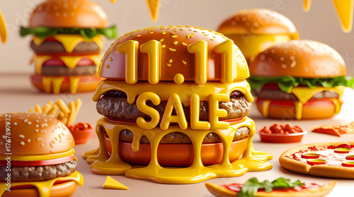 3D Cheeseburger 11.11 Sale Promotion Banner with Melting Cheese