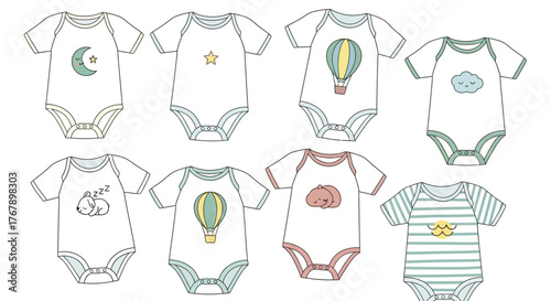 Set of eight baby bodysuits with cute designs.