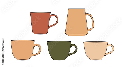 Set of Five Different Colored Coffee Cups.