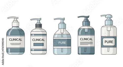 Set of Five Different Liquid Soap Dispensers with Labels.
