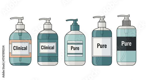 Set of five different liquid soap dispensers.