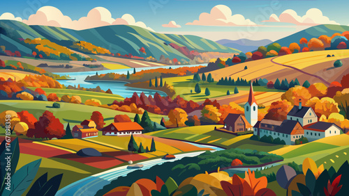 Very beautiful, stunning panoramic photo of Connecticut state landscape, featuring rolling hills, forests, rivers, charming towns, and vibrant seasonal colors under clear skies, capturing the essence 