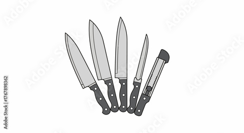 Set of Five Kitchen Knives with Black Handles and Sharp Blades.