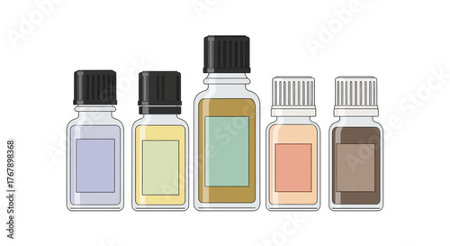 Set of Five Small Essential Oil Bottles with Caps.