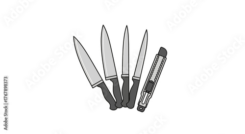 Set of Five Kitchen Knives with Sharp Blades and Handles.