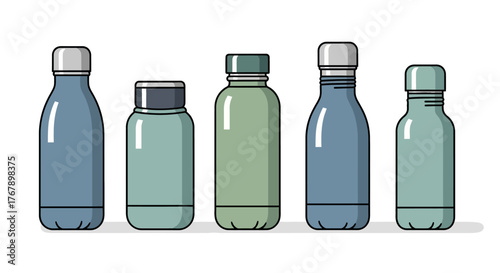 Set of five reusable water bottles in different sizes.