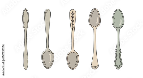 Set of Five Vintage Decorative Spoons with Unique Handles.