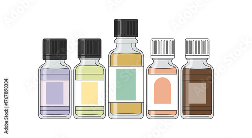 Set of Five Small Essential Oil Bottles with Different Colored Labels.