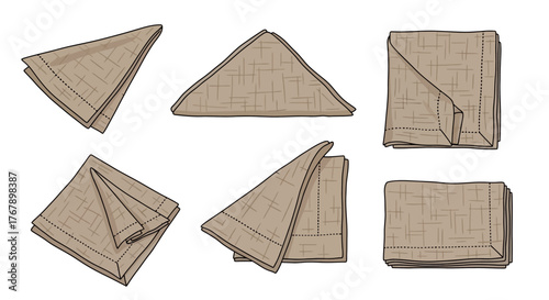 Set of folded beige cloth napkins in various styles.
