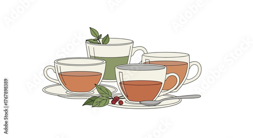 Set of Four Cups with Different Types of Tea.