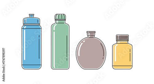 Set of four different shaped cosmetic bottles.