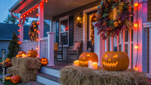 Halloween decorated front entrance with pumpkins autumn seasonal doorway