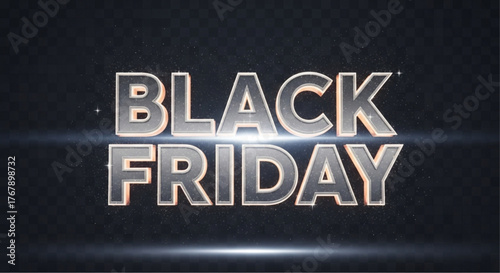 A dramatic close-up showcases bold BLACK FRIDAY text rendered in a modern, metallic style. This sleek design is set against a dark background. vector illustration