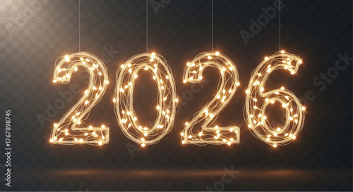 Glowing 2026 Festive Display with Lights, ideal for greeting cards, invitations, or website banners, evoking anticipation and a celebratory mood. vector illustration