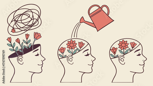 Three stages of mental well-being growth and healing depicted through blooming flowers isolated on white background