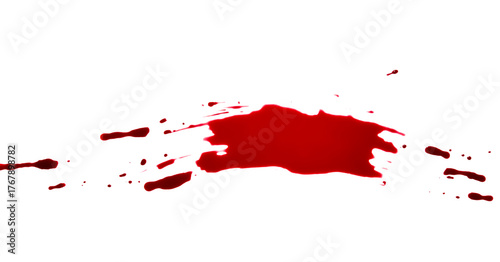 A horizontal, dark red blood splattr and drips isolated on a clean white background, creating a violent and dramatic graphic element.