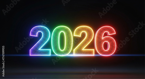 A vivid display of the year 2026, rendered in a radiant, colorful neon aesthetic. Symbolizing forward movement and anticipation. vector illustration