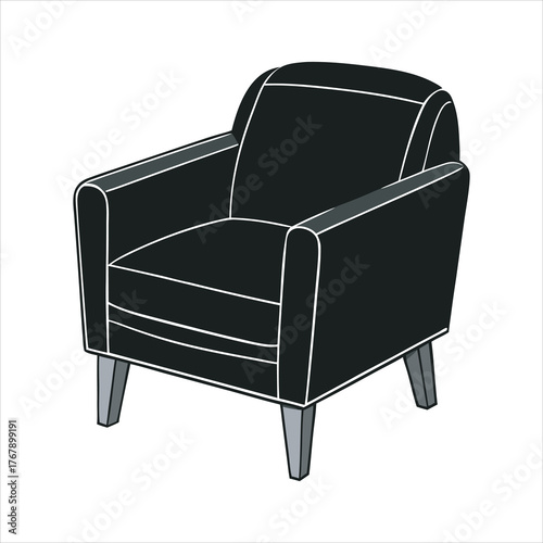 Classic black armchair with padded upholstery and wooden legs furniture accent piece isolated on white background