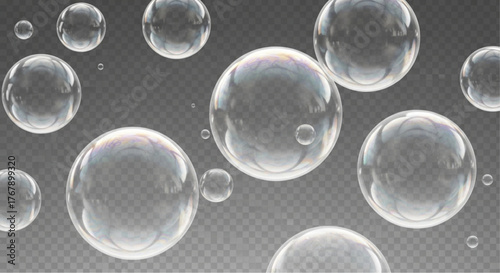 Floating Soap Bubbles: A captivating close-up of delicate soap bubbles, each sphere shimmering with iridescent colors against a soft background. vector illustration