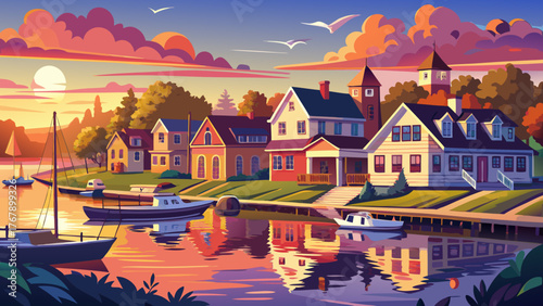 Very beautiful, panoramic view of residential homes by the Mystic River during a vibrant sunrise, in Mystic, Stonington, Connecticut, USA, with colorful sky, calm water reflections, and charming river