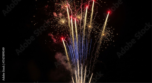 Exploding fireworks with vibrant colors light up the dark night sky, adding a sense of excitement to the celebratory atmosphere. vector illustration