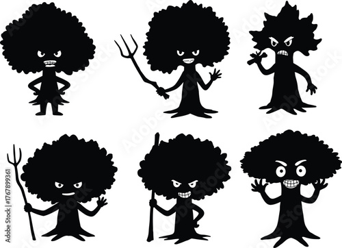Anthropomorphic tree characters, cartoon silhouettes, expressive faces, fantasy forest illustration, whimsical nature art, black vector design, creative, playful, mystical, storytelling