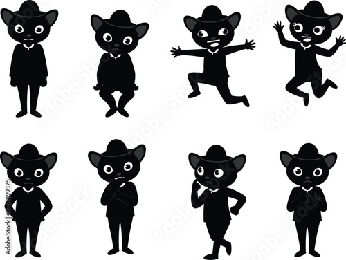 Cartoon black cat character, cute mascot design, bow tie illustration, funny animal expression, stylish feline, creative art, playful emotion, costume