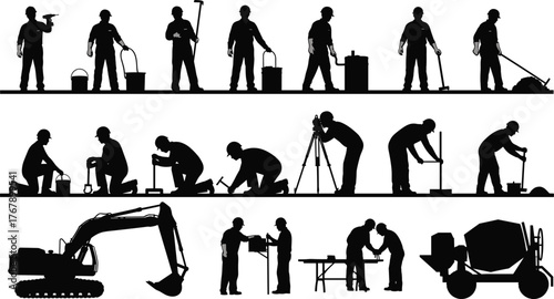 Construction workers silhouettes, heavy machinery, teamwork, labor, engineering, tools, excavation, cement mixer, building site, industrial workforce, architecture, safety gear
