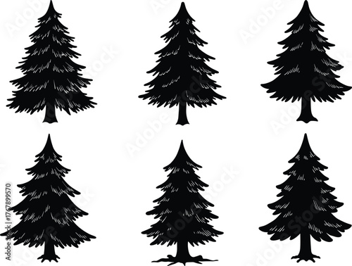 Pine tree silhouette collection, evergreen forest design, conifer illustration, nature element, landscape art, botanical outline, wilderness symbol, natural growth, ecology, environment