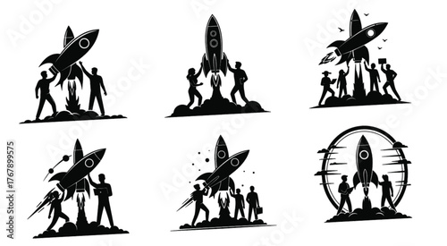 Rocket launch silhouettes, startup teamwork, business growth concept, innovation success, space exploration, futuristic vision, leadership strategy, technology progress, ambition, achievement