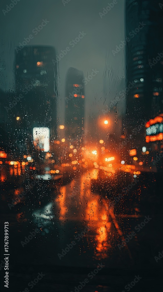 Obraz premium Rainy Night Cityscape Through A Wet Window