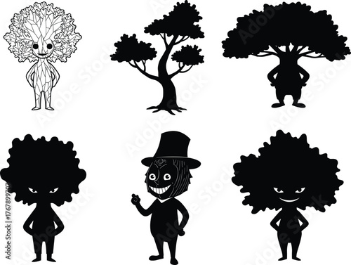 Tree humanoid silhouettes, fantasy nature illustration, black vector design, human tree hybrid, creative art, mystical forest, transformation, character design, surreal, imaginative