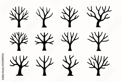 Silhouette illustrations of leafless trees with varied branching patterns in grid layout