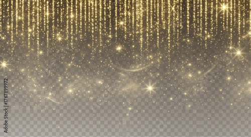 A mesmerizing cascade of golden glitter, creating a dazzling display of light and radiance, sparkles in the air. This enchanting scene evokes a sense of celebration and elegance. vector illustration