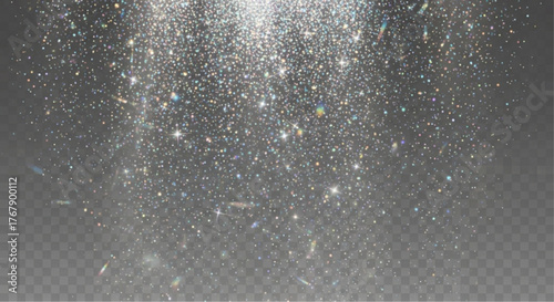 Abstract explosion of radiant particles cascades downwards, evoking a sense of ethereal beauty. Photorealistic image that showcases shimmering light. vector illustration