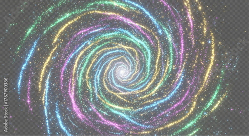 An abstract and dynamic digital illustration showcases a mesmerizing spiral galaxy composed of shimmering, multicolored particles. vector illustration