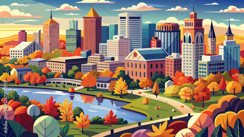 Very beautiful, aerial view of Hartford, Connecticut, USA in fall, showcasing colorful autumn foliage, downtown skyline, Connecticut River, and scenic urban and natural landscapes under crisp seasonal