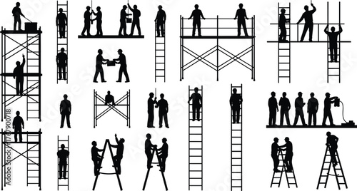 WebConstruction workers on ladder and scaffold, safety gear, teamwork, black white vector, cad drawing illustration set