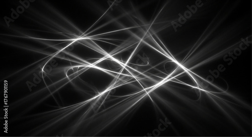 Abstract energy bursts forth in a dynamic display of glowing lines, intertwining and converging against a stark black backdrop, creating a sense of movement and intensity. vector illustration overlay