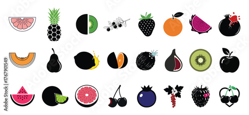 Vibrant collection of freshly cut fruits and berries illustrated in a whimsical and colorful artistic style