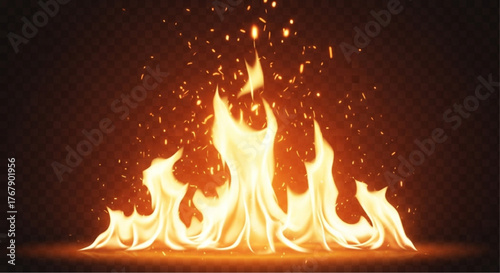 Fiery inferno ablaze, its vibrant, photorealistic flames dancing with dynamic energy against a fiery gradient background. Sparks and embers swirl. vector illustration overlay