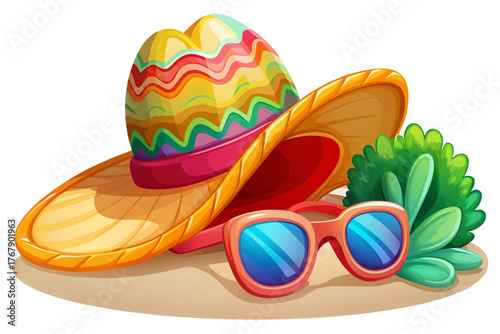 Straw beach hat, colorful sunglasses, and flip-flops isolated on white background representing tropical summer style and holiday vibes
