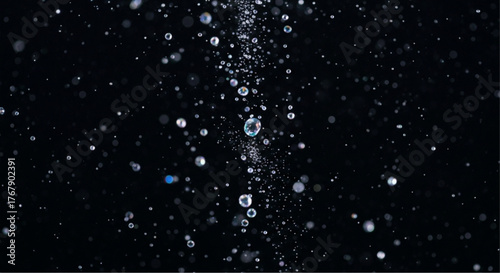 Dynamic shot of sparkling bubbles suspended in mid-air against a dark background, reflecting the beauty of the fluid. The image showcases the ethereal nature of bubbles. vector illustration overlay