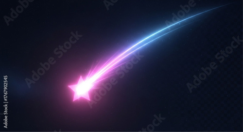 A striking visual of a shooting star streaks across the dark canvas, glowing in an array of mesmerizing neon hues. Capturing the sense of wonder and cosmic beauty. vector illustration overlay