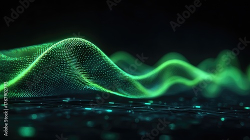Abstract Digital Waves in Green Light with Dots and Lines Representing Data Flow and Technology Concepts on a Dark Background