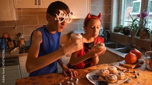 Two happy siblings in funny costumes having fun eating sweet buns during a halloween party celebration at home, showing their excitement and joy for the festive tradition