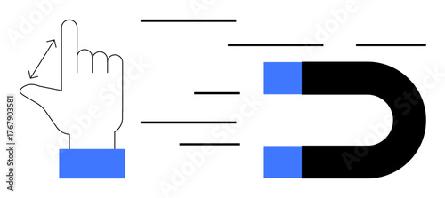 Hand pointing towards a magnet with motion lines suggesting attraction, engagement, or interaction. Ideal for marketing, technology, communication, connection, innovation, leadership teamwork